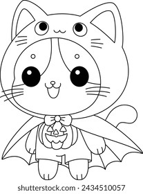 The cute cat wears a Halloween costume coloring page. Cartoon charactor illustration colouring book for kids