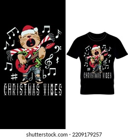 A cute cat wears a scarf around its neck and wears a Christmas hat on its head and plays the guitar-Music 
Christmas T-shirt Design, Musician T-Shirts,Music Slogan Shirt,Music T-Shirt,Music Lover.