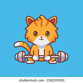 cute cat weightlifting. isolated cartoon animal illustration. Flat Style Sticker Icon Design Premium Logo vector. Mascot Character
