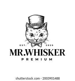 Cute Cat Whisker With Hat Hipster Vintage Drawing Logo Vector Illustration Template Icon Design