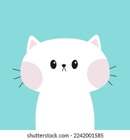 Cute cat. White kitten icon. Funny happy face. Kawaii cartoon character. Pink cheek. Baby greeting card tshirt notebook cover template. Happy Valentines Day. Flat design. Blue background. Vector
