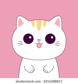 Cute cat. White kitten kitty. Happy Valentines Day. Contour line doodle. Funny head face, paws, tongue. Cartoon kawaii animal character. Flat design. Love card. Pink background. Vector