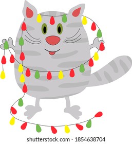 Cute cat whith a christmas garland cartoon illustration