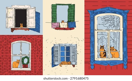 Cute Cat Window Scenes with Shutters and Facades