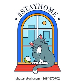 Cute cat in window under glass cover. Metaphor of coronavirus outbreak quarantine and social distancing pandemic. Self isolation, stay home concept. Health care due COVID-19