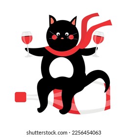 Un gato dulce con vino de fondo blanco. Celebración de San Valentín