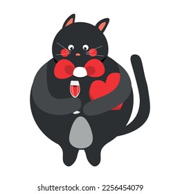 Un gato dulce con vino de fondo blanco. Celebración de San Valentín