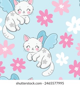 Cute cat with wings and flowers Seamless pattern vector illustration. Magic Kids print and poster.