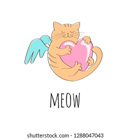 Cute cat with wings hugging a heart