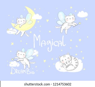 Cute Cat with wings. Magic Set Vector Illustration. Children's print and poster.