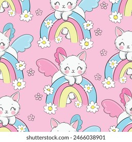 Cute cat with wings and rainbow Seamless pattern vector illustration. Trend Cute Kids print and poster.