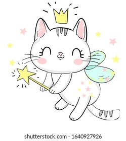 Cute cat with wings and wand vector illustration. Magic Vector Illustration. Children's print and poster.