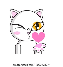 Cute cat winks and shows air kiss. Sticker isolated on white background. White cat blink emoji