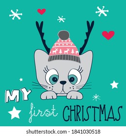 cute cat in winter cap vector illustration, Christmas card with cat