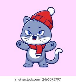 Cute Cat Winter Cartoon Vector Icon Illustration. Animal Holiday Icon Concept Isolated Premium Vector. Flat Cartoon Style