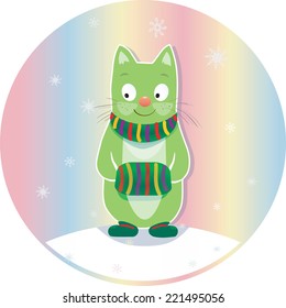 Cute cat in winter clothes. Can be used as card or symbol. Funny vector illustration of  pets