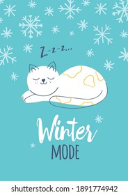 Cute cat winter greeting season card on blue background with text. Winter mode. 