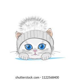 Cute cat in a winter hat with bubo. Vector illustration