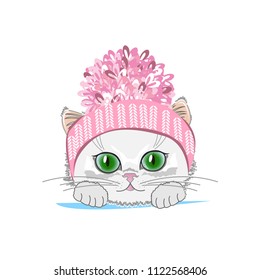 Cute cat in a winter hat with bubo. Vector illustration