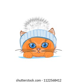 Cute cat in a winter hat with bubo. Vector illustration