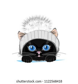 Cute cat in a winter hat with bubo. Vector illustration
