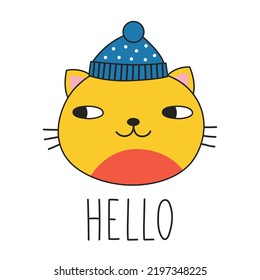 Cute cat in a winter hat and lettering HELLO. Doodle style. Vector illustration