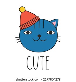 Cute cat in a winter hat and lettering CUTE. Doodle style. Vector illustration