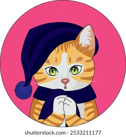 Cute cat in winter hat and scarf clipart vector logo sticker