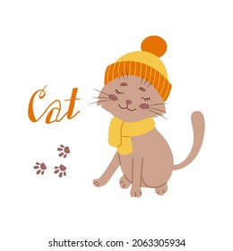 Cute cat in a winter hat. Vector illustration of cartoon flat.