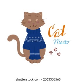Cute cat in a winter sweater. Vector illustration of cartoon flat.