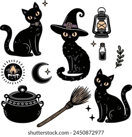 Cute gato bruja ilustración de dibujos animados