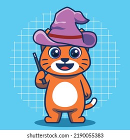 Cute cat in witch costume vector illustration. Flat cartoon style.