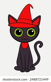 Cute cat with witch hat cartoon sticker - hand-drawn, isolated illustration