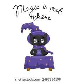 Cute cat in a witch hat and cloak casting a spell on a magic ball isolated on white - character for Halloween design