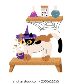 A cute cat in a witch hat is on the shelf. Halloween concept cute vector illustration.