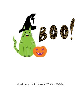 Cute cat in a witch hat, pumpkin lantern and a word "Boo!" in hand drawn style. Halloween card. Flat vector illustration. 