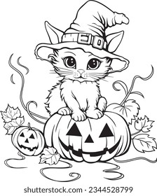 Un gato lindo con un sombrero de bruja sentado en una calabaza de Halloween, libro de Colores para los niños.