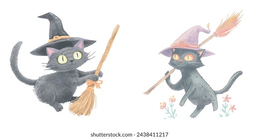 cute cat witch with magic broom watercolour vector illustration 