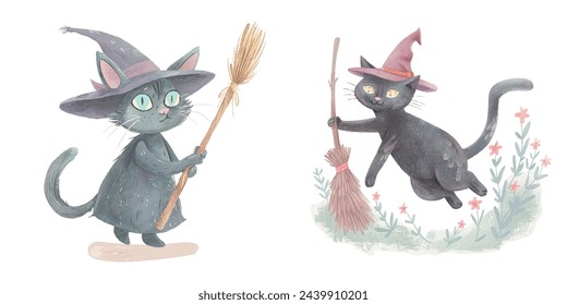 cute cat witch with magic broom watercolour vector illustration