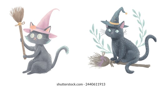 lindo gato bruja con la escoba mágica acuarela ilustración vectorial