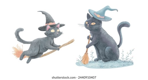 cute cat witch with magic broom watercolour vector illustration