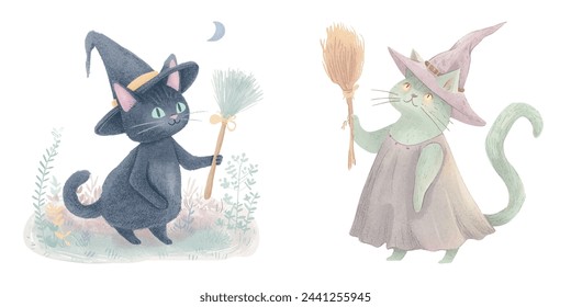 lindo gato bruja con la escoba mágica acuarela ilustración vectorial 