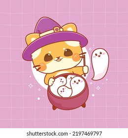 Cute cat witch making potions cute halloween cartoon kawaii art illustration
