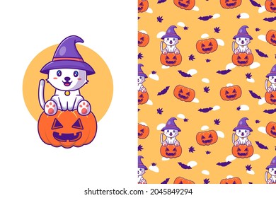 Cute cat witch with pumpkin happy halloween with seamless pattern