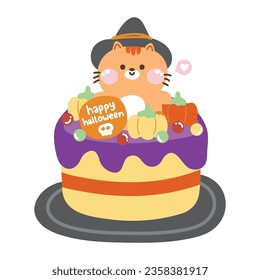Cute cat witch sit with pumpkin on cake halloween concept.Bakery.Sweet and dessert cartoon deisgn.Pet animal.Festival.Holiday.Horror.Kawaii.Vector.Illustration.