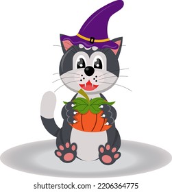 A cute cat in a witch's hat holds a festive pumpkin in his hands. Halloween. Vector flat illustration.
