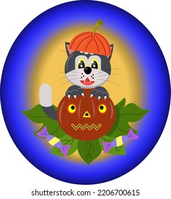 A cute cat in a witch's hat holds a festive pumpkin in his hands. Halloween. Vector flat illustration.
