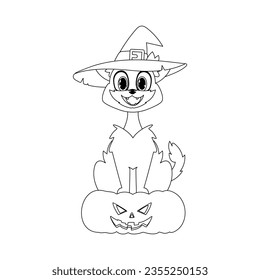 Un lindo gato con el sombrero de bruja está sentado en una calabaza y esperando tranquilamente por Halloween. Estilo lineal.