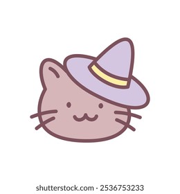 Cute cat wizard icon. Hand drawn illustration of a black cat in a witch hat isolated on a white background. Kawaii halloween sticker. Vector 10 EPS.