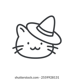 Cute cat wizard icon. Hand drawn monochrome illustration of a black cat in a witch hat isolated on a white background. Vector 10 EPS.